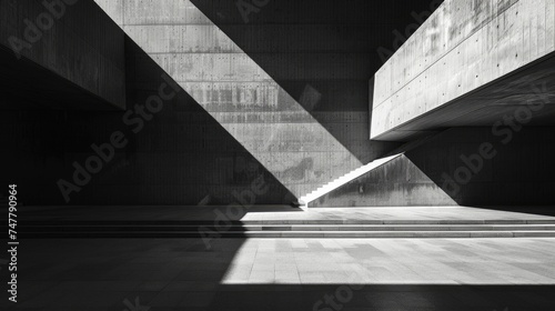 The minimalist urban architecture is highlighted through stark black and white contrasts. The interplay of light and structural form creates a compelling geometric composition