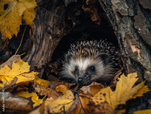 Wild hedgehog hiding in a hollow tree with autumn leaves.