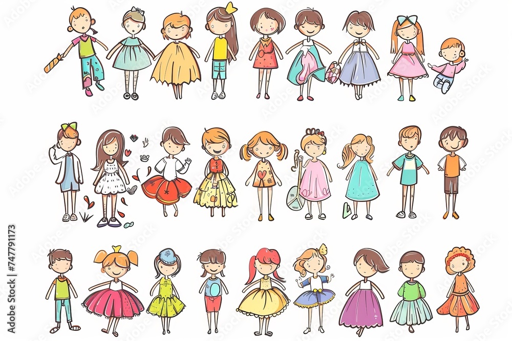 Cartoon cute doodles of kids playing dress-up with costumes and putting on a fashion show, Generative AI