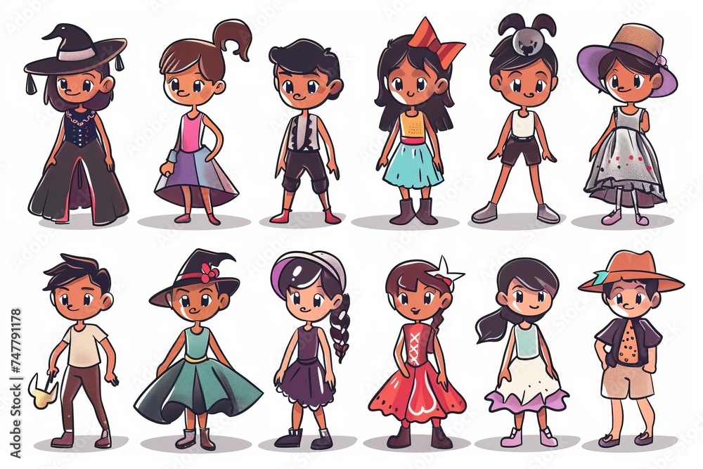 Cartoon cute doodles of kids playing dress-up with costumes and putting