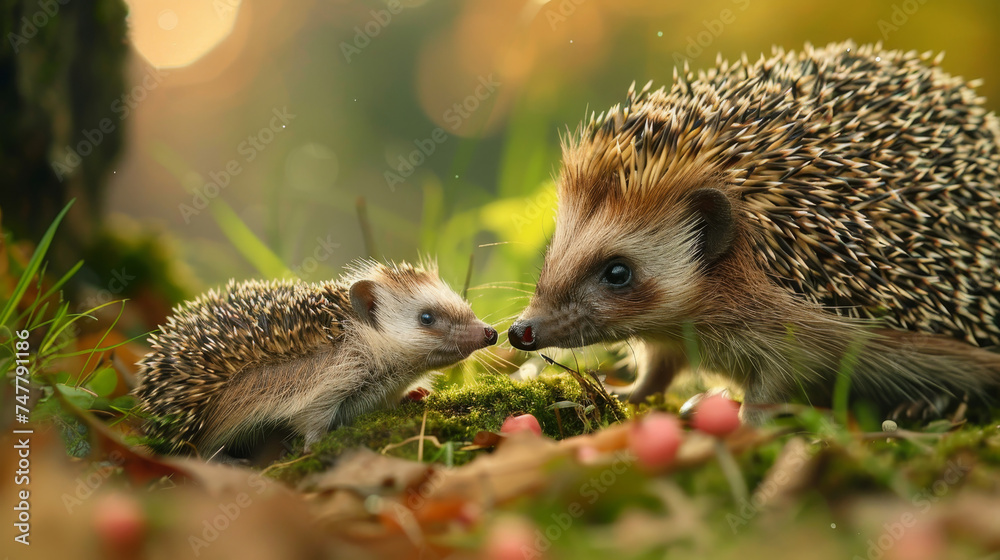 A hedgehog shares a tender moment with its baby in the grass. A hedgehog shares a tender moment with its baby in the grass.