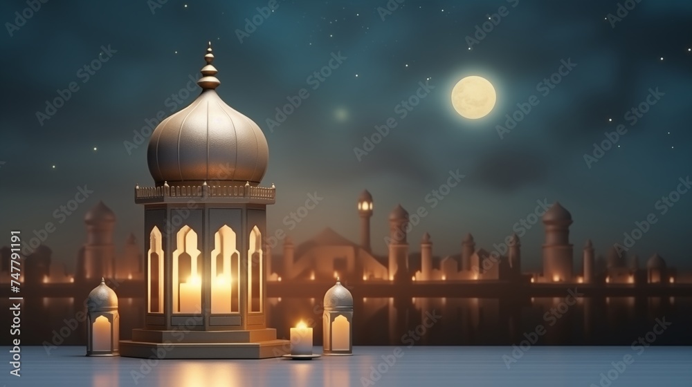 Shining lantern and moon, Ramadan kareem and eid fitr islamic concept background illustration for wallpaper, poster, greeting card and flyer.