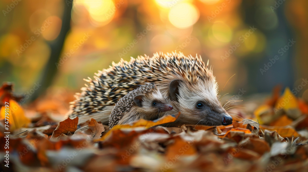 A hedgehog explores the leafy forest floor, bathed in warm sunlight. A hedgehog explores the leafy forest floor, bathed in warm sunlight.