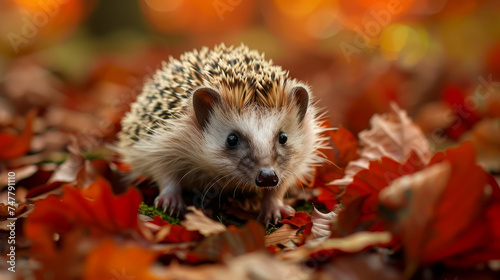 A hedgehog explores the leafy forest floor, bathed in warm sunlight. photo