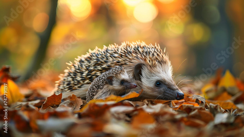 A hedgehog explores the leafy forest floor, bathed in warm sunlight.