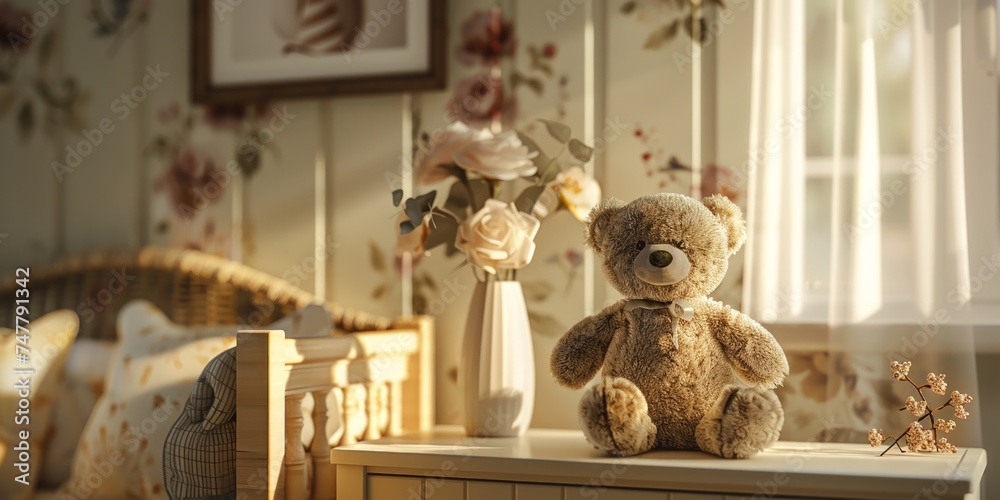 Nursery room's simplicity with a cozy teddy bear and soft flowers basking in the gentle, soothing light of morning