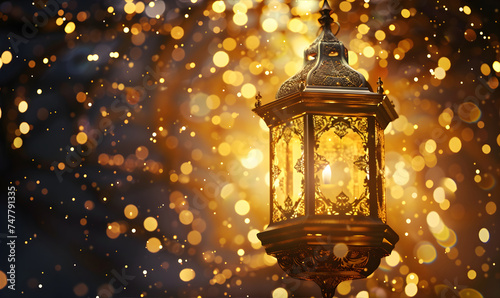 Arabic lantern on the dark luminous background with a lot of circle golden bokeh. Greeting for Eid al-Fitr, Ramadhan, Eid Al Adha, Eid Al Fitr, Islamic new year with copy space.