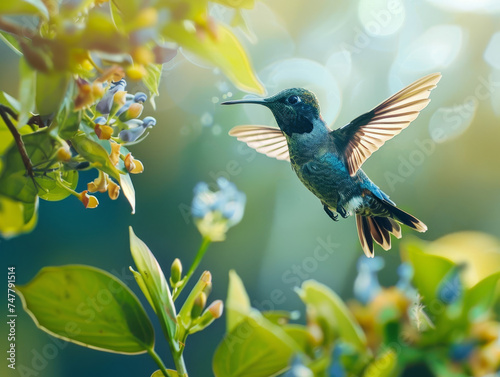 A blue hummingbird with wings outstretched, hovering near delicate flowers.