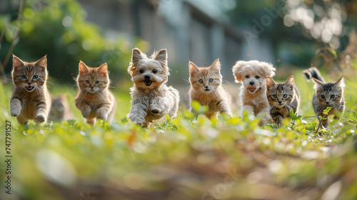 Cute funny dog and cat group jumps and running and happily a field blurred background.