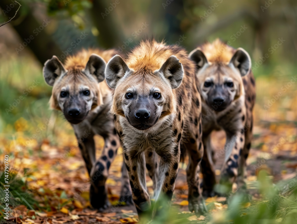 A trio of spotted hyenas advancing together, eyes locked and alert. A trio of spotted hyenas advancing together, eyes locked and alert.