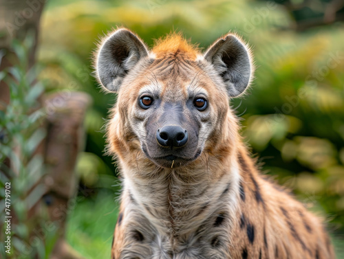 Portrait of a vigilant spotted hyena in the wilderness.