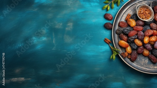 Top view, a flat lay with dried dates in a tray on a bright blue painted background with a copy space. The Holy Month of Ramadan, Eid Al-Adha, Iftar, Muslim Holidays, Islam concepts.