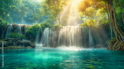 Majestic Waterfall in Lush Forest, Natural River and Tropical Jungle, Serene and Beautiful Outdoor Scene, Paradise and Fresh Environment Concept