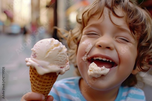 Close-up of a child s joyous face licking an ice cream  with the city s summer vibrance all around 