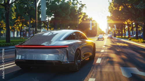 Modern electric sedans have solar panels on the back to charge them with renewable energy from the sun while driving on the road