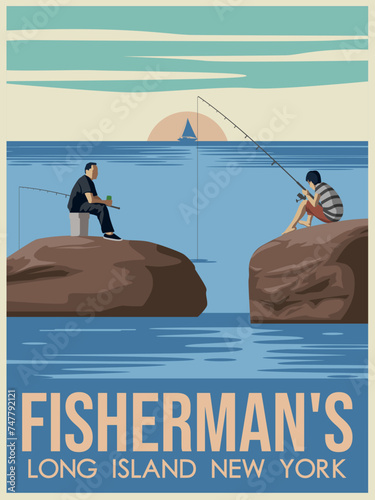 fisher man in beach long island sunset