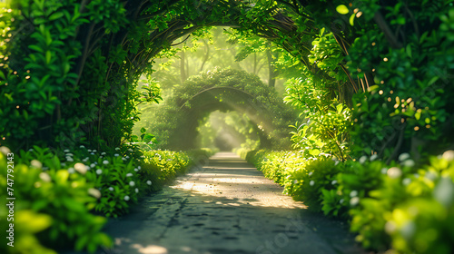 Enchanted Forest Path and Nature Tunnel, Green Trees and Light, Magical and Serene Outdoor Walkway, Dreamy and Peaceful Landscape Concept