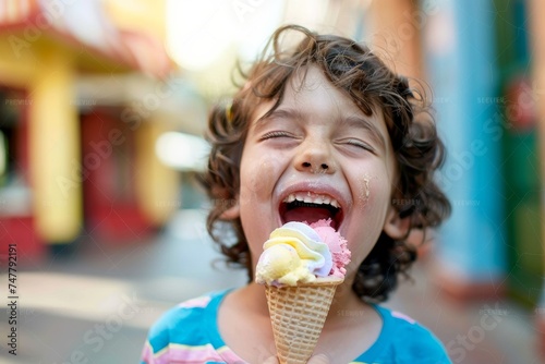 Close-up of a child's joyous face licking an ice cream, with the city's summer vibrance all around,