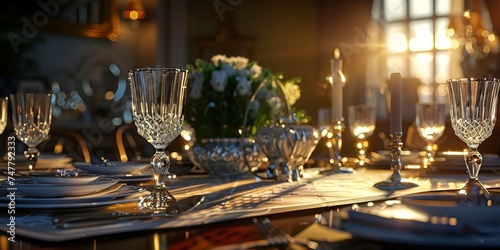 Elegant dining setting bathed in golden sunset with sparkling glassware