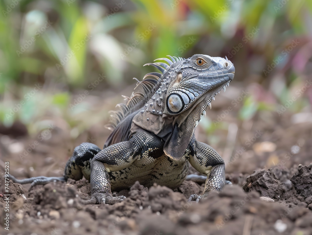 Vibrant colourful iguana scanning the surroundings.