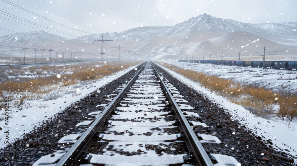 Fototapeta premium Snowy winter railway in Mongolia