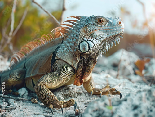 A green iguana lounges on a rock with a lush background.