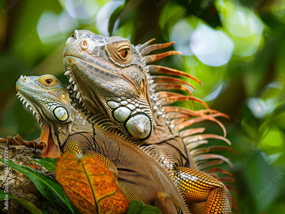 Fototapeta premium Two green and orange iguanas perched together in a tree.