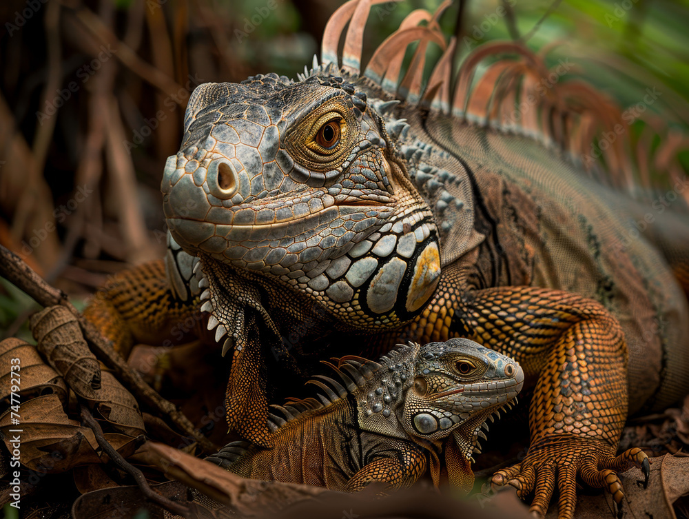 Fototapeta premium Mother iguana caring for its baby.