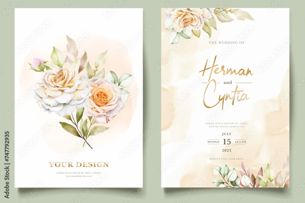 Floral Wedding Invitation Template Set With Elegant Brown Leaves