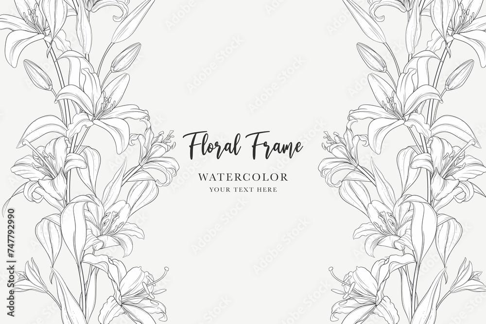 Hand Drawn Mono Line Floral Lily Background Design - obrazy, fototapety, plakaty 