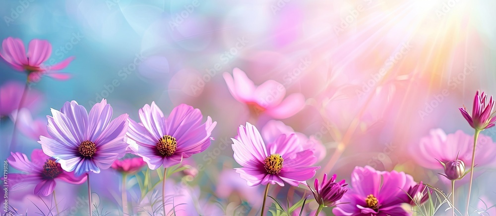 A cluster of beautiful blooming wild pink cosmos flowers scattered in the green grass under the sunlight. A cluster of beautiful blooming wild pink cosmos flowers scattered in the green grass under the sunlight.