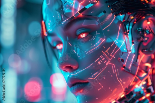 face of female humanoid android Artificial Intelligence mechanical robot be creative Have an understanding of orders It has the most advanced operating system Robot innovations  future cyber punk tone photo