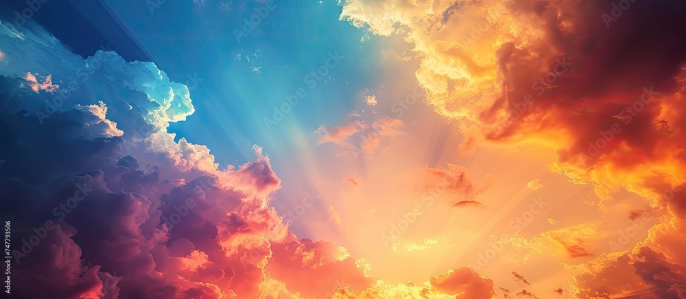 The vibrant blue and orange sky is filled with fluffy white clouds, and birds flying gracefully through the air. The sky displays a mesmerizing scene of nature in motion. The vibrant blue and orange sky is filled with fluffy white clouds, and birds flying gracefully through the air. The sky displays a mesmerizing scene of nature in motion.