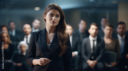 A confident businesswoman in a charcoal gray suit leading a training session for new employees