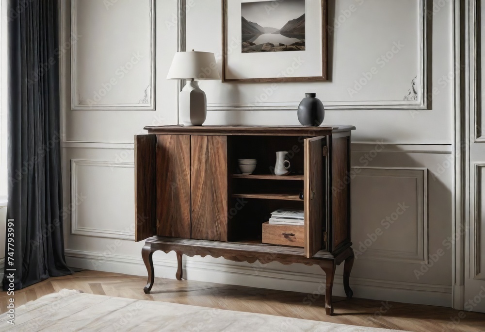 A modern interior with a wooden cabinet and light-filled windows creates a warm and inviting space A modern interior with a wooden cabinet and light-filled windows creates a warm and inviting space