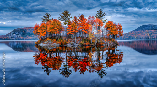 Autumn Reflections in Serene Lake, Peaceful Forest Landscape in Fall Season, Vibrant Foliage and Calm Water, Scenic Outdoor Beauty and Tranquility photo