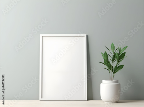 A realistic-looking plant on a shelf with a white frame