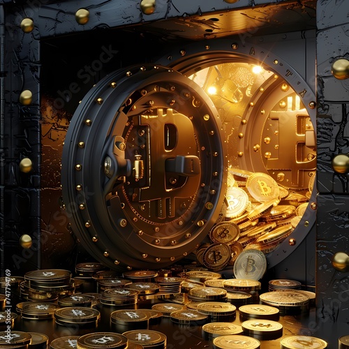 A massive vault door imprinted with the Bitcoin symbol opens to a glittering trove of golden Bitcoin tokens, symbolizing the wealth and security in the world of cryptocurrency. AI Generative