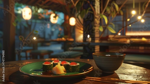 Cozy dining nook with soft lighting  featuring a green plate adorned with futomaki sushi and a small bowl of shoyu  creating an intimate culinary experience