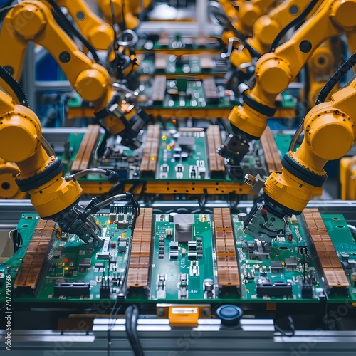 Industrial robotic arms work in unison on an assembly line, expertly handling and soldering electronic circuit boards. The image captures the synergy and precision of modern automated manufacturing photo