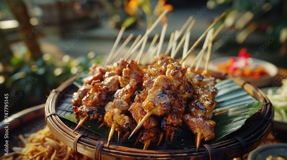 A close-up shot capturing the succulent skewers of satay artistically plated against a rustic backdrop, evoking an enticing blend of tradition and modernity