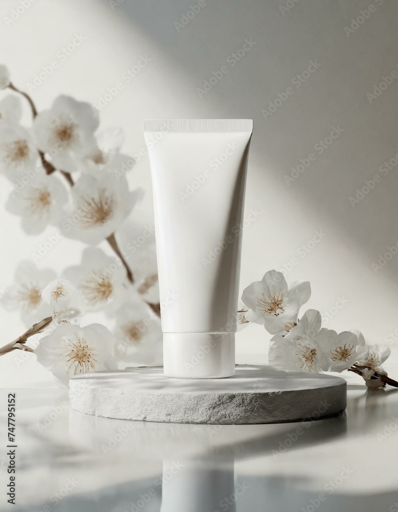 This is a white tube-shaped cosmetic container mockup. Liquid container for cream and cleansing foam. This is a white tube-shaped cosmetic container mockup. Liquid container for cream and cleansing foam.