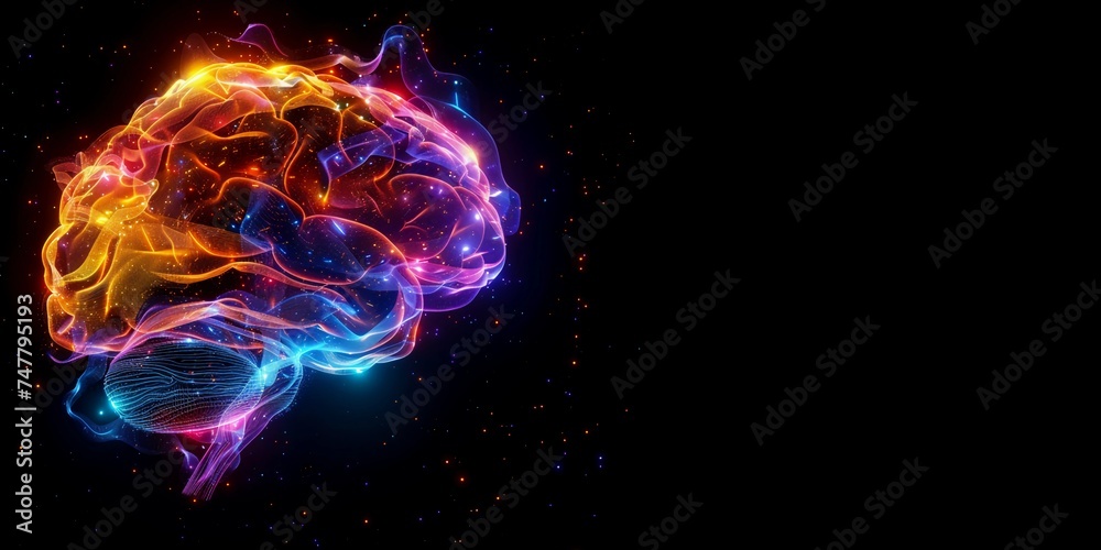 Neon Glowing Human Brain on Black Background. Wide-format Banner with Copy space. Artificial Intelligence. Futuristic Cyber Style. AI Generative.