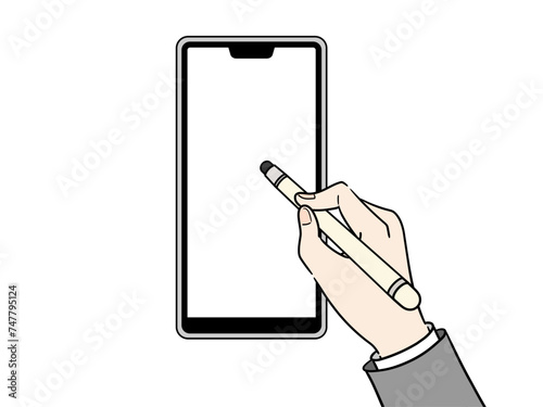 スマホをタッチペンで操作するスーツの女性の手