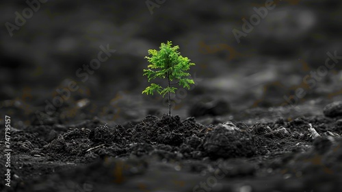 A lonely small green tree plant in the field natural background  minimalist black and white photography style  stark contrast