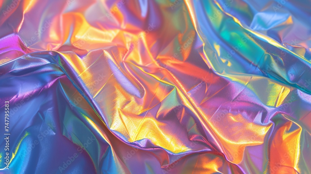 Iridescent Crinkled Fabric with smooth texture. Bold mix of bright purple, pink, gold, and blue hues. Holographic Rainbow colors abstract background. AI Generated