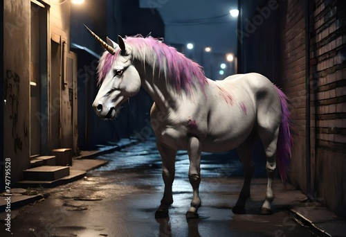 A homeless unicorn with dirty fur, sadness and depression on his face , in a back alley at night