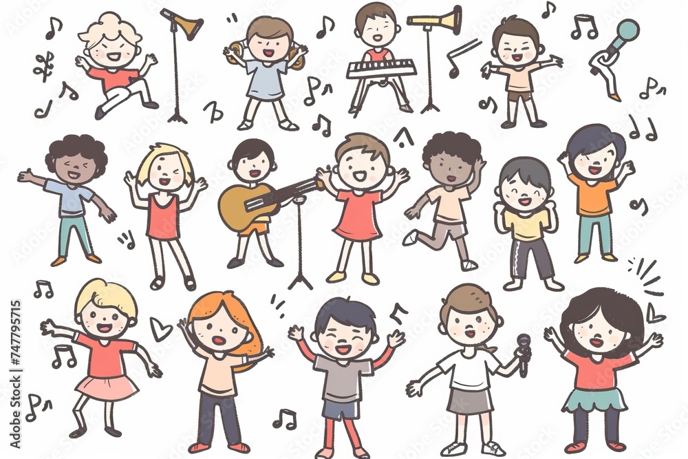 Cartoon cute doodles of kids having a talent show and showcasing their hidden talents to each other, Generative AI