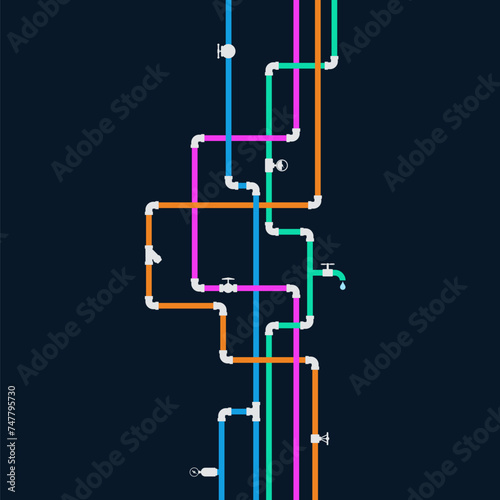 Colored water pipes with valves, design for plumbing repair and service