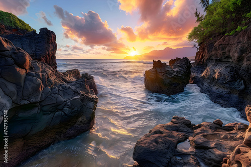 At sunset, Queens Bath, Kauai, Hawaii offers stunning views of its seaside rock formations. 